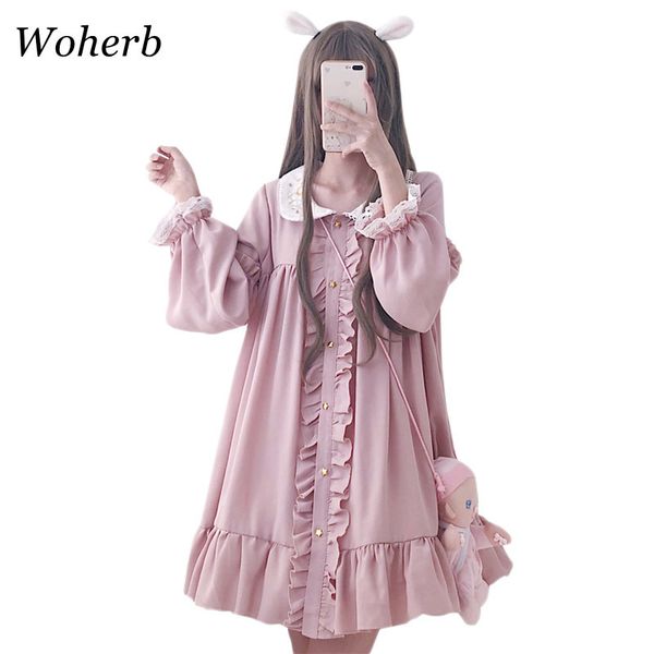 Woherb Summer Dress Women Harajuku Pink Ladies Ruffle Lace Patch Abiti Kawaii Lolita Cosplay Sweet Loose Vestidos LJ200810