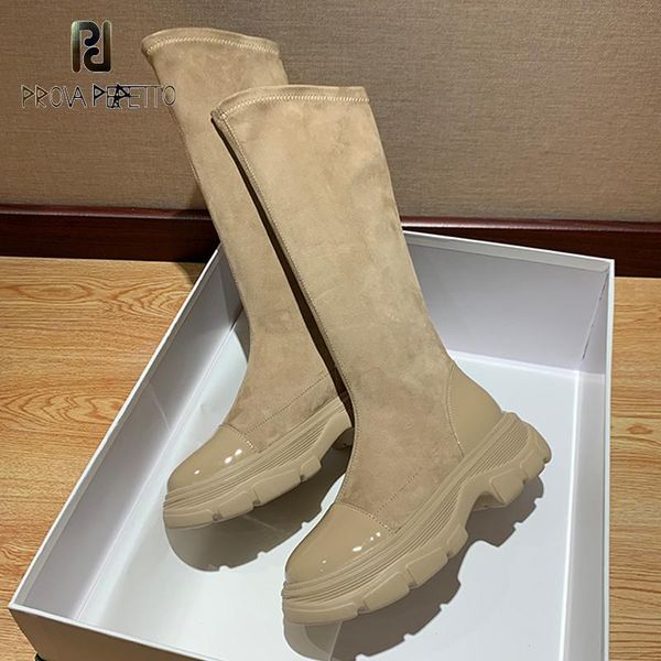 

2020 new plarform leather long knight boots women flock slip-on round toe knee-length thin thick-soled stretch boots cool, Black