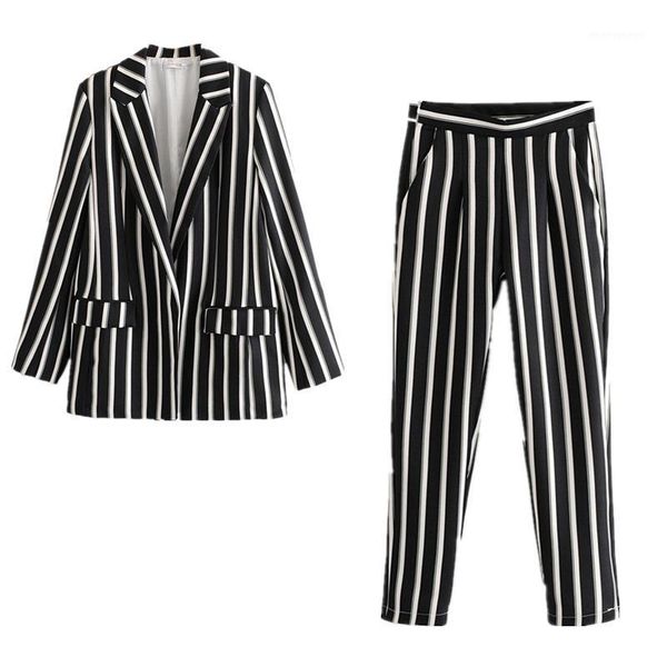 

women's suits & blazers women's suit pants spring and autumn slim black white striped ladies jacket casual trousers set of two1, White;black
