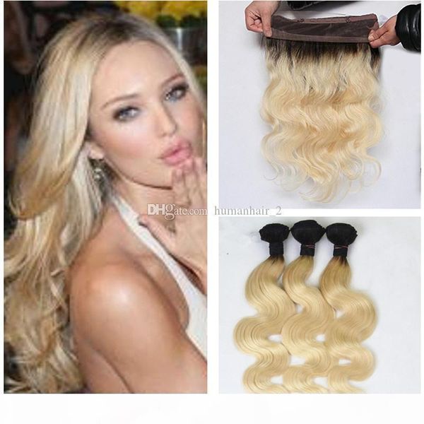 

two tone human hair bundles with 360 lace frontal closure 1b 613 blonde ombre 360 full lace band frontals with body wave hair, Black;brown
