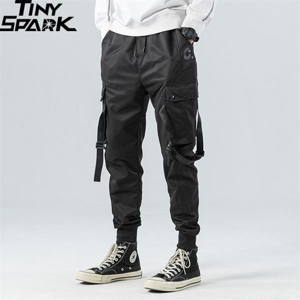 

hip hop cargo pants pockets men streetwear harajuku joggers pants hiphop swag ribbion harem pants fashion casual trousers 201218, Black