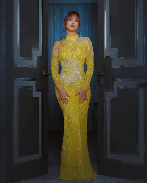 

aso ebi arabic yellow luxurious sheath evening dresses beaded crystals prom dresses long sleeves formal party second reception gowns zj, Black