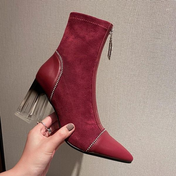 

women booties 2021 new brand fashion party flock ankle boots black wine red pointed toe autumn winter 8cm high heels shoes1