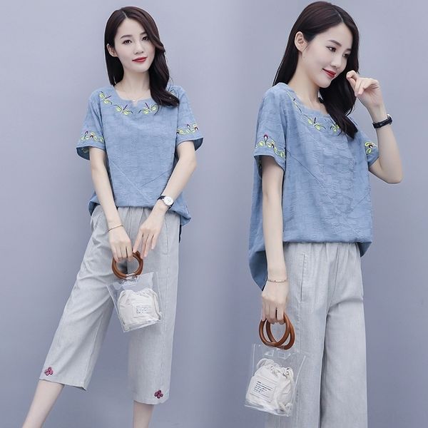 

hnvcg summer mom cotton and linen suit suitt-shirt suitmiddle-aged women's short-sleeved t-shirt and middle-aged elderly summer western, Gray