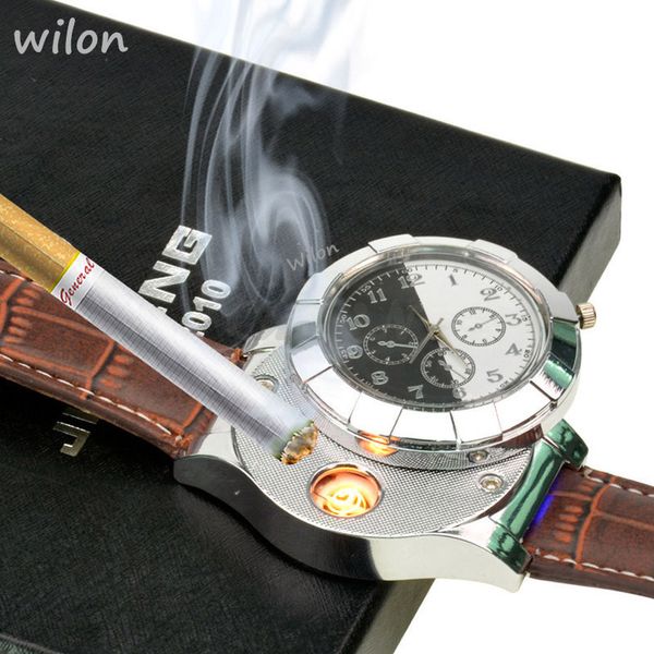 

mens quartz watch rechargeable usb electronic cigarette lighter flameless men's gifts leather strap f667 male clock 1pcs, Slivery;black