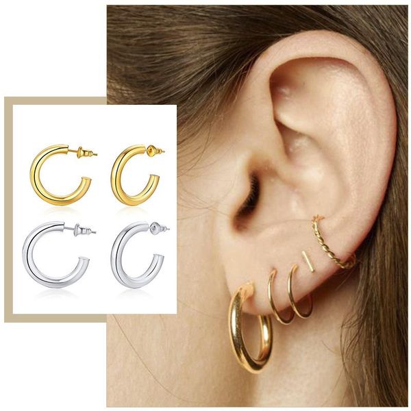 

hoop & huggie vintage women earrings gold color stainless steel classic minimalist metal normcore circle round jewelry, Golden;silver