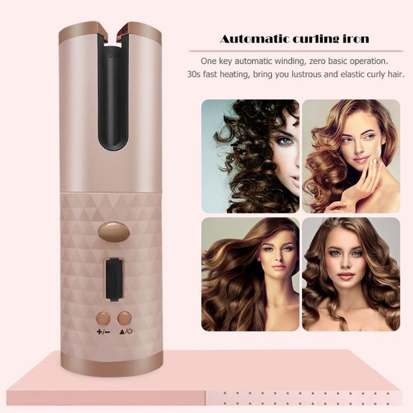 

automatic hair curler usb rechargeable auto rotating curling led display temperature adjustable curling wave styer (rose gold)