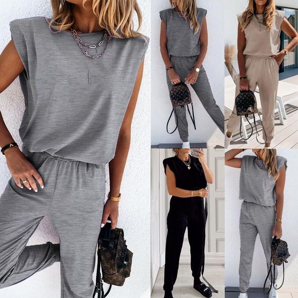 

womens 2 pieces sets shoulder pads t shirts and long pants female tracksuit sleeveless solid sport suits fashion ladies clothes, Gray