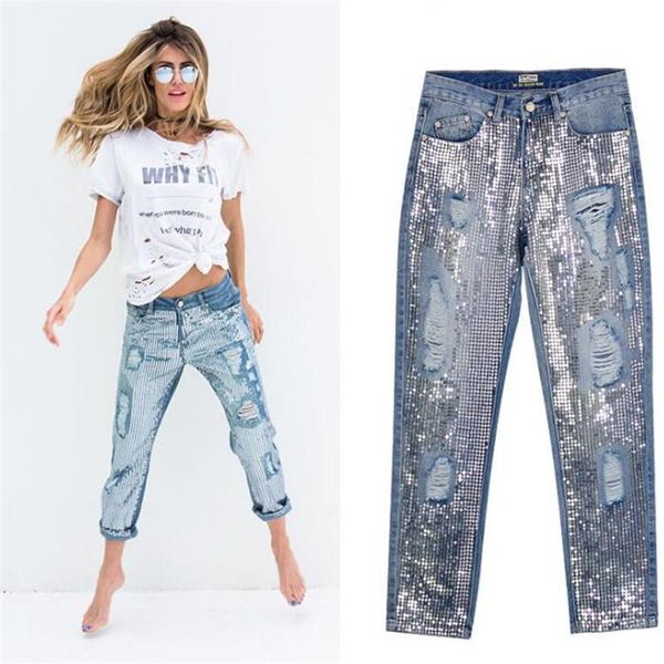 

fashion sequin hole jeans women bottom streetwear zipper fringe ripped jeans pants trousers loose female denim 2020 new, Blue