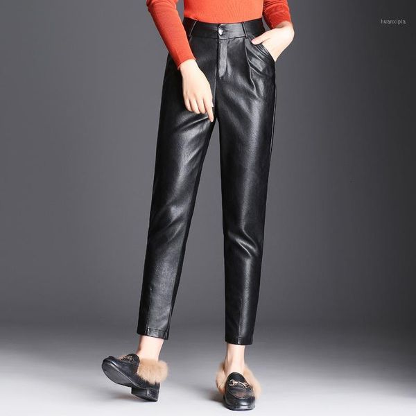

ewq]2019 autumn new straight genuine leather women pants high waist ruched asymmetrical pants all-mtch black trousers 16n-a1351, Black;white