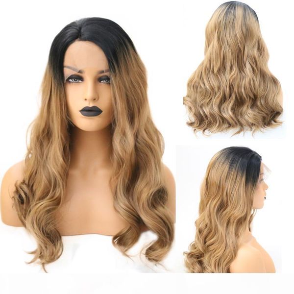 

aimeya long ombre brown wavy wigs black root synthetic lace front wigs for black and white women high temperature fiber hair