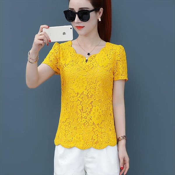

blusas feminina korean spring autumn women vestidos sweet loose short sleeve yellow lace shirts female df2492, White