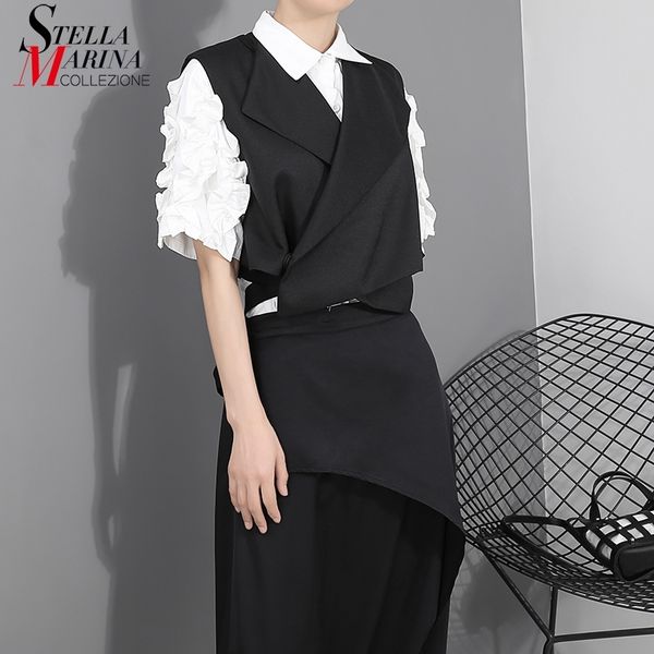 

korean style size woman solid black wrap vest sashes sleeveless v neck ladies unique casual gilet style streetwear 1851 201110, Black;white
