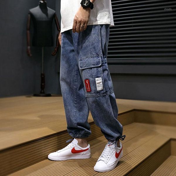 

fashion streetwear men jeans loose fit spliced pocket designer harem pants spring summer hip hop jeans men cargo pants hombre1, Blue