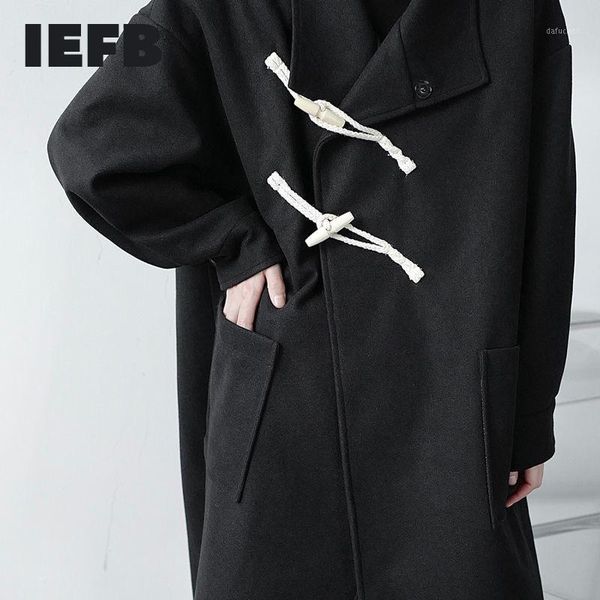 

iefb autumn winter new fashion design color block horn button woolen coat loose oversized stand collar irregular clothes9y46361, Black