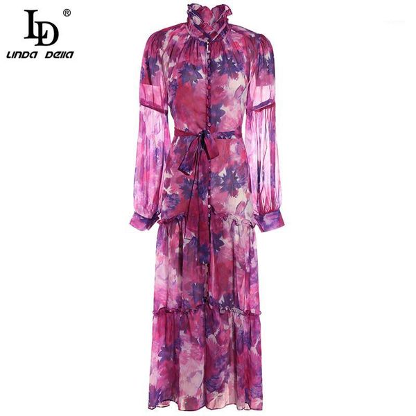 

ld linda della fashion runway autumn vintage dress women lantern sleeve printed lace up chiffon vacation midi dress vestidos1, Black;gray