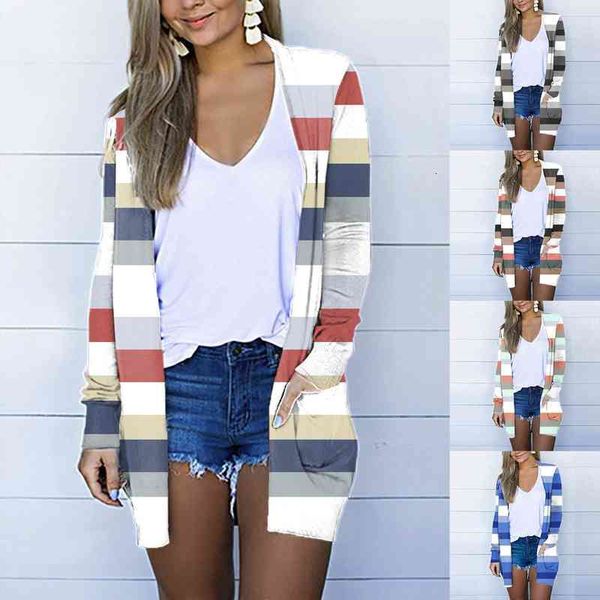 

womens stripe print open front cardigan long sleeve plus pockets loose coat korean fashion roupas femininas, White;black