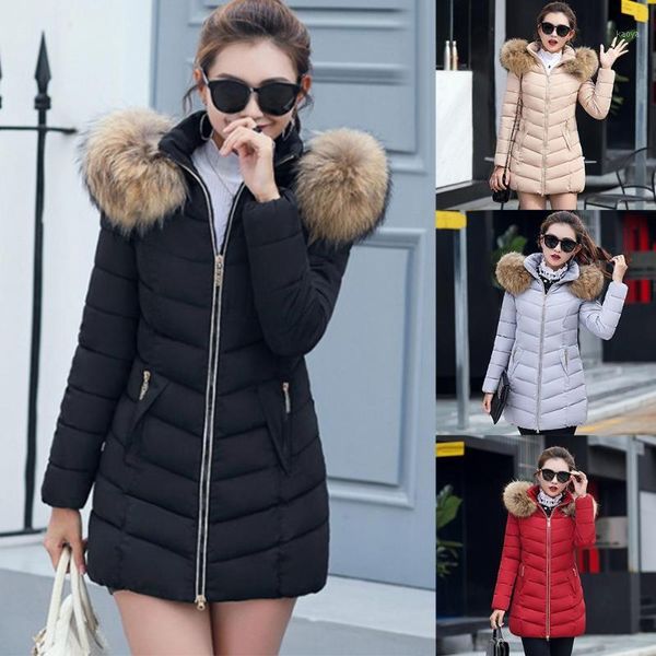 

plus size winter faux fur hooded down jacket women solid color zipper long coat1, Black