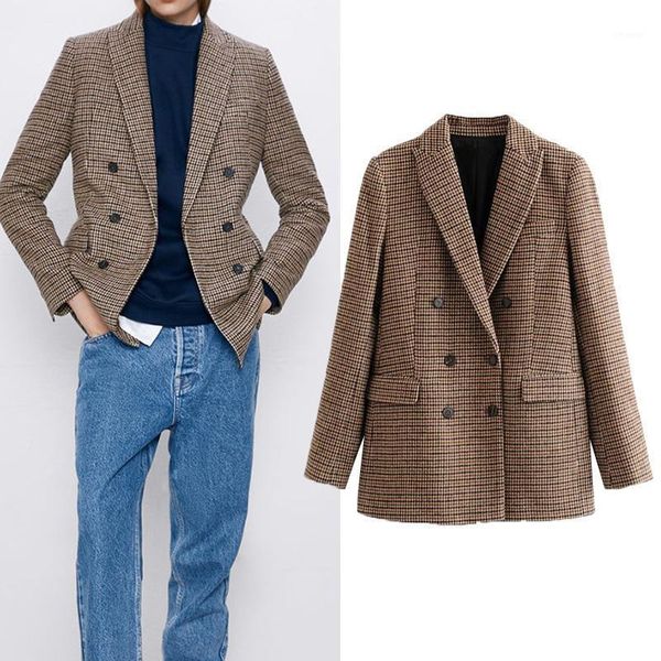 

2021 autumn women blazer casual brown houndstooth plaid print blazers female double breasted jacket office lady outwear blazer1, White;black
