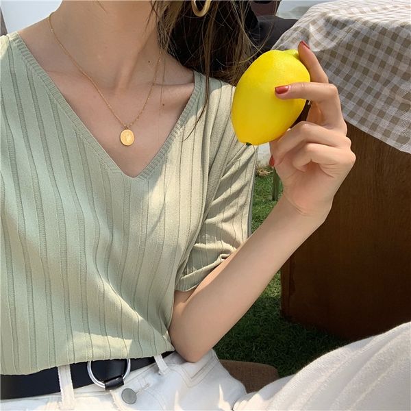 

women's cardigan collar bottomed shirt in summer with loose candy color matcha green thin ice silk t-shirt silk short sleeve knitted, White;black