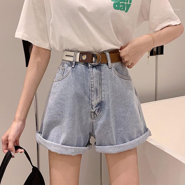 

women's jeans 2021 baggy wide-leg denim shorts with belt roll shorts1, Blue