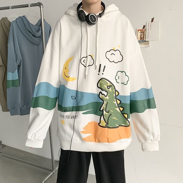 

autumn and winter dinosaur plush sweater men's casual cartoon print loose lovers trend hooded jacket, Black