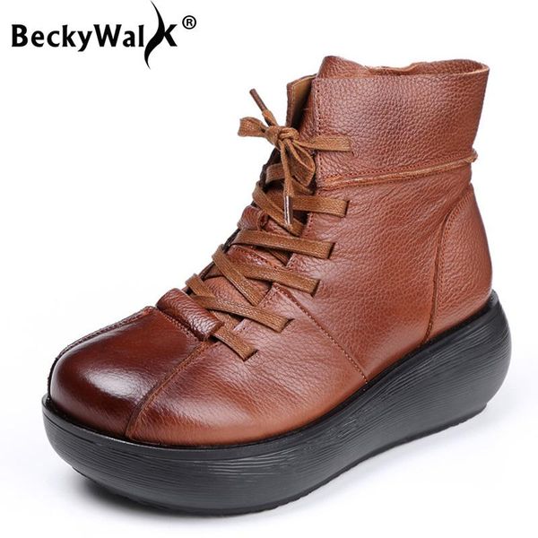 

boots retro women shoes 2021 winter autumn british genuine leather thick with platform ankle botas mujer wsh3705, Black