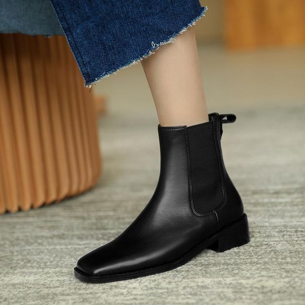 

boots concise elastic band genuine leather women winter thick low heels shoes woman party office women's size 41 42 43, Black