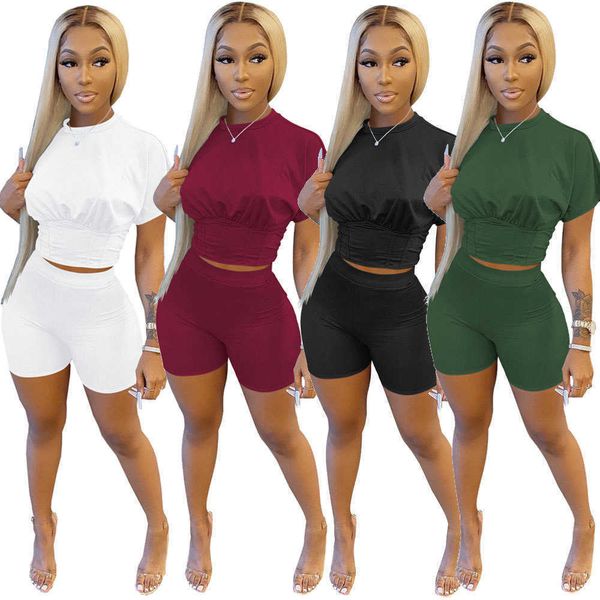 

summer women shorts 2 piece set solid color tracksuit short sleeve t shirt shorts suit sportswear slim shirt short pants outfits 2022, White