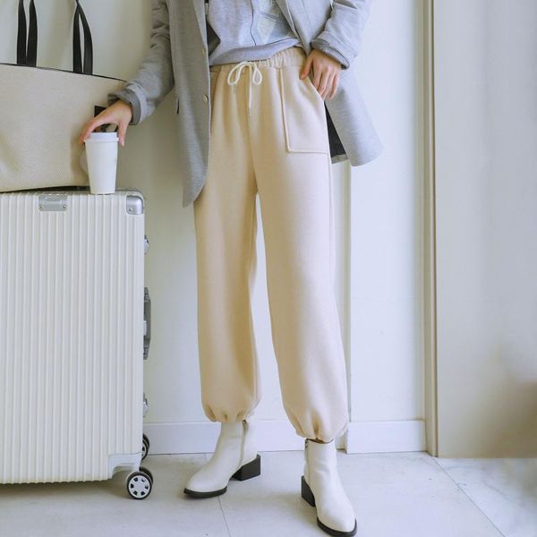 

women winter warm pants knitted fleece inside high waist drawstring pockets loose fit casual solid straight pants, Black;white