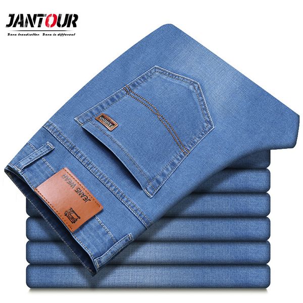 

jantour brand 2019 new men's slim elastic jeans fashion business classic style skinny jean denim pants trousers male c1019, Blue