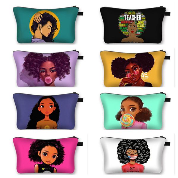 

black afro girls make up bag polyester printed handbag for ladies multi-functional travel toiletry bag zipper pouch clutch bag e123005