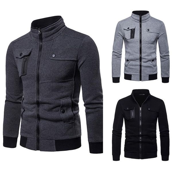 

men's hoodies & sweatshirts casual multi-pocket decorative stand-up tooling jacket male loose large size coat cardigan men clothes 2021, Black