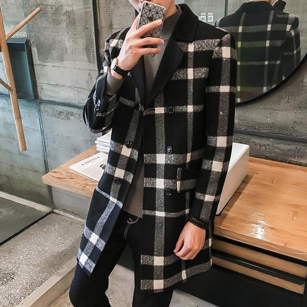 

men's wool & blends nice tide fashion male medium-long casual jacket mens woolen overcoat plaid turn-down collar double breasted stripe, Black