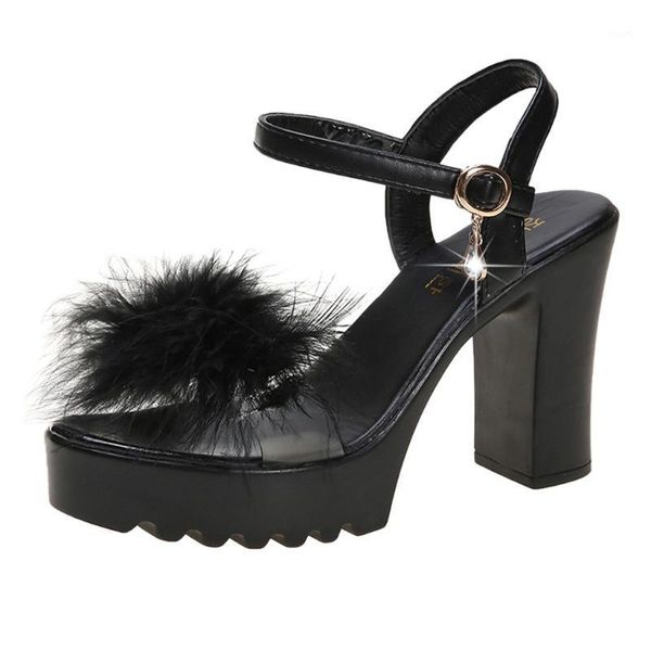 

2021 new summer women's fashion furry open-toe sandals buckle rhinestone 10cm high heels sandals party shoes sandalias mujer1, Black