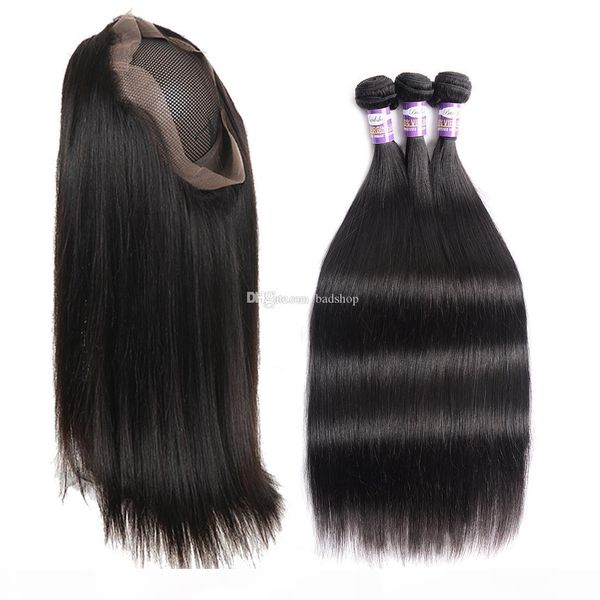 

9a 360 lace frontal closure with bundles pre plucked with baby hair brazilian human hair weave straight hair 3 bundles with 360 lace fronta, Black;brown