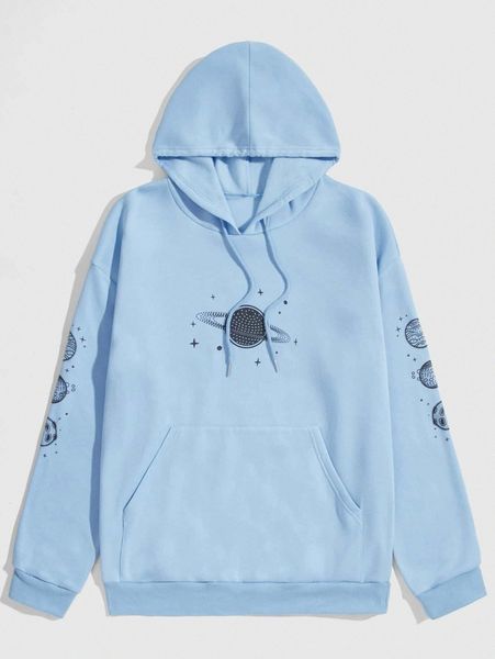 

romwe guys planet graphic drawstring pocket hoodie n112#, Black