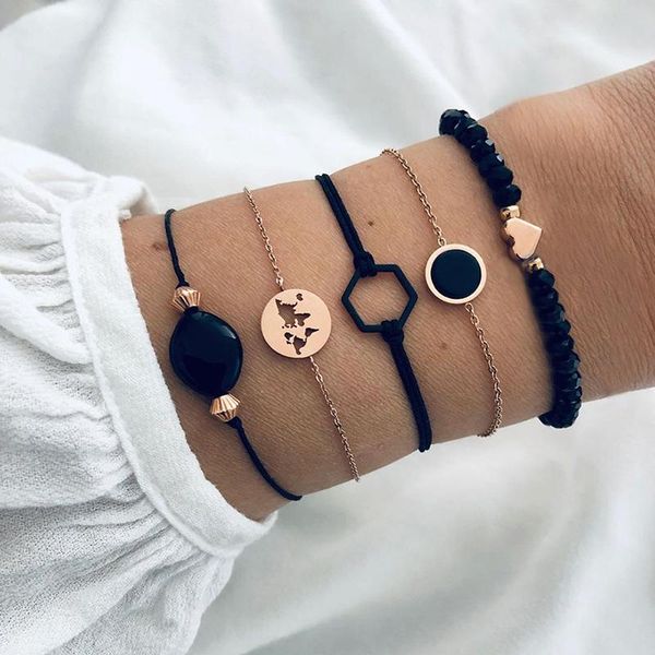 

modyle 5шт готика перо лотос браслеты set шарма сердца boho браслеты для женщин наручные браслеты цепочки мода ювелирные изделия, Black