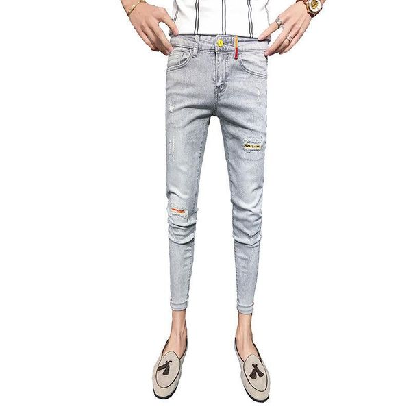 

2020 handsome denim trousers male vibrato tight-fitting little feet spirit guy skinny jeans men social denim pencil pants, Blue