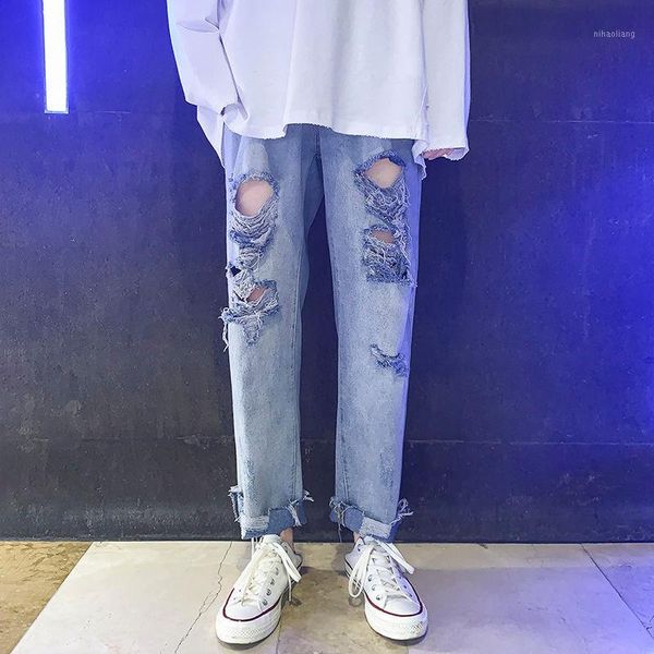 

summer ripped jeans men's fashion washed retro straight jeans men streetwear wild loose hip-hop hole denim trousers mens s-2xl1, Blue