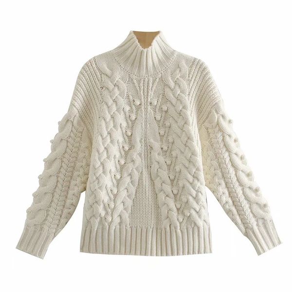 

new 2021 woman turtleneck cable knitted cropped sweater pullover women warm tunic pompom long sleeve winter vm3q, White;black