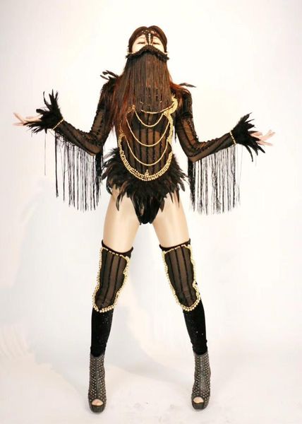 

2020 women new black tassel feathers jumpsuit crystals bodysuit bling clothing nightclub party singer performance costume1, Black;white