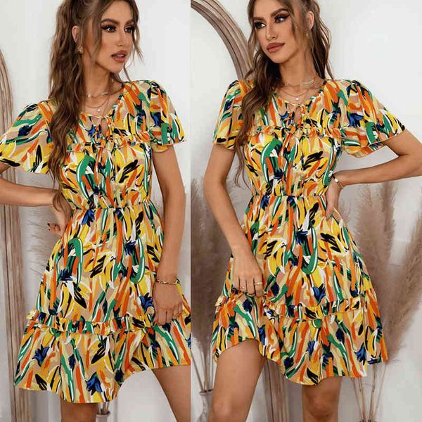 

casual dresses independent r & d dign of printing temperament waist closing dresses spring and summer 2022 women, Black;gray