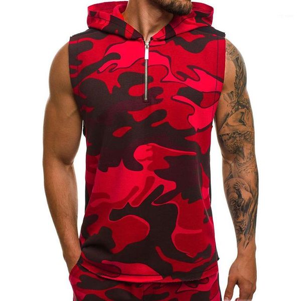 

2020 new camouflage tank men' casual sport slim hooded vest male sweatshirt gym muscle sleeveless zipper1, White;black