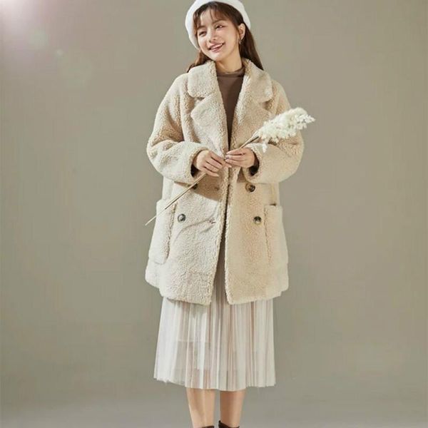 

women's fur & faux 2021 women autumn winter sheep sheared coat female double breasted granular jacket casual solid outwear e279, Black