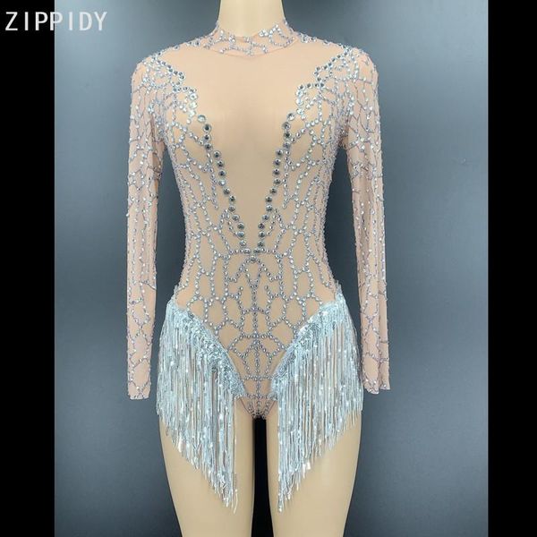 

stage wear transparent net silver stones sequin fringe bodysuit women singer dance outfit birthday celebrate prom youdu, Black;red