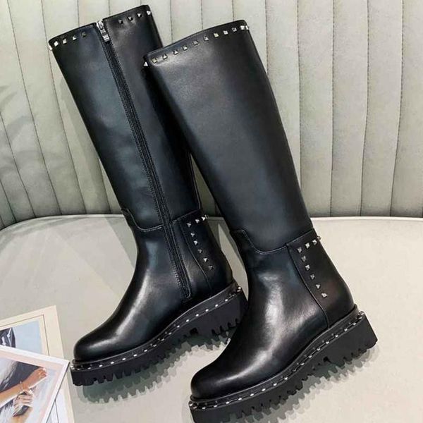 

2020 winter new rivets black genuine leather boots women zipper knee high boot 2020 designer women shoe booties