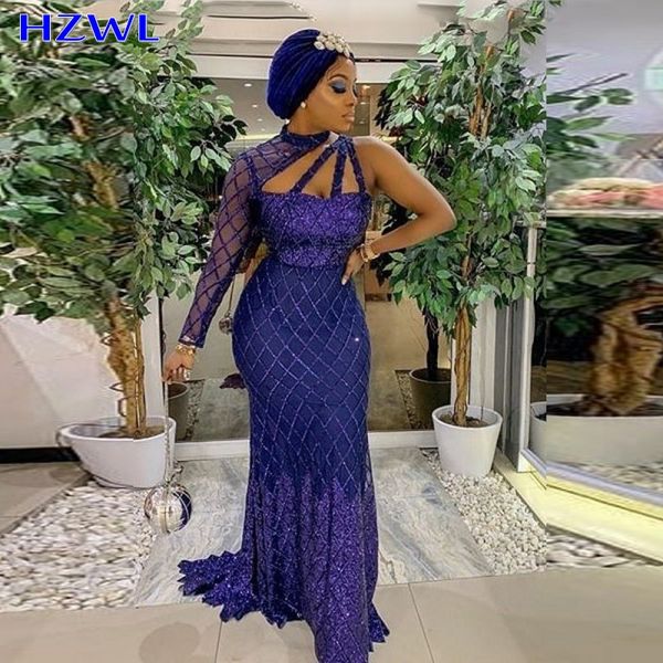 

dark navy aso ebi prom dresses one shoulder sheer long sleeves mermaid evening gowns south african women robe de soiree, Black