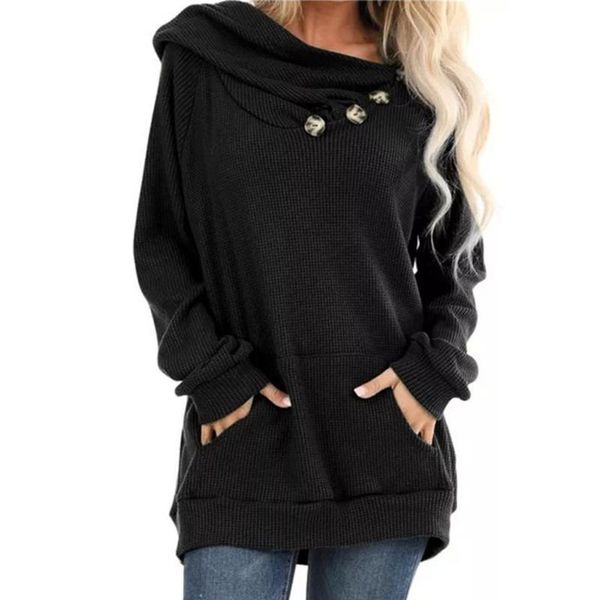 

woman sweaters solid-color large pocket button pleated knit hooded long sleeve sweater kobieta swetry, White;black