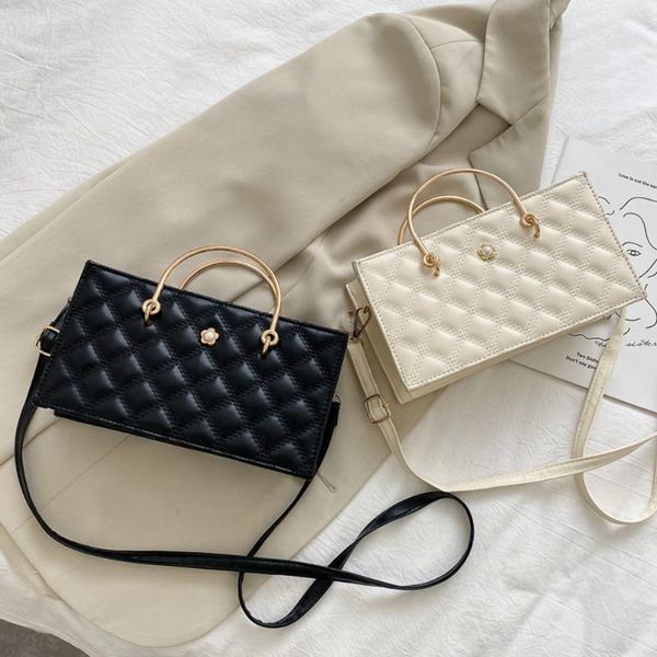 

fashion lattice pattern messenger bag women pu leather metal circle ring handle shoulder female portable crossbody handbag